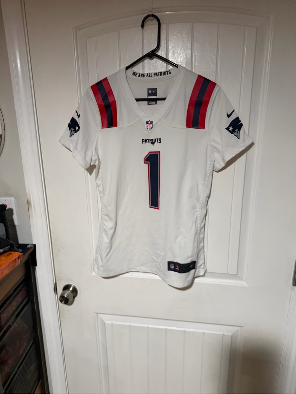 Wom Nike White New England Patriots #1 Football Jersey with Red & Blue Accents